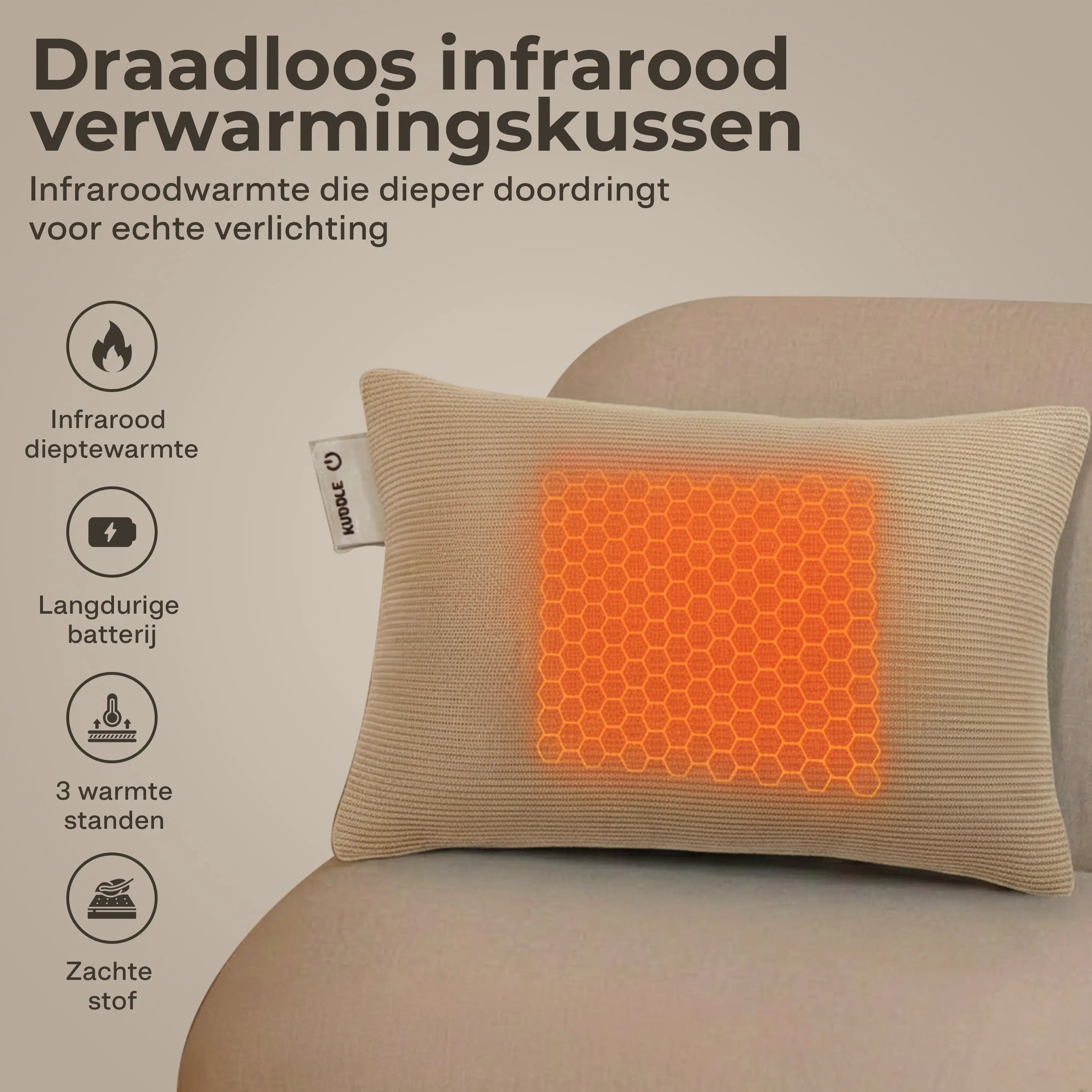 Kuddle Warmtekussen - 45x60cm Sand Beige - Vaste batterij Kuddle | Draadloze Warmtekussens