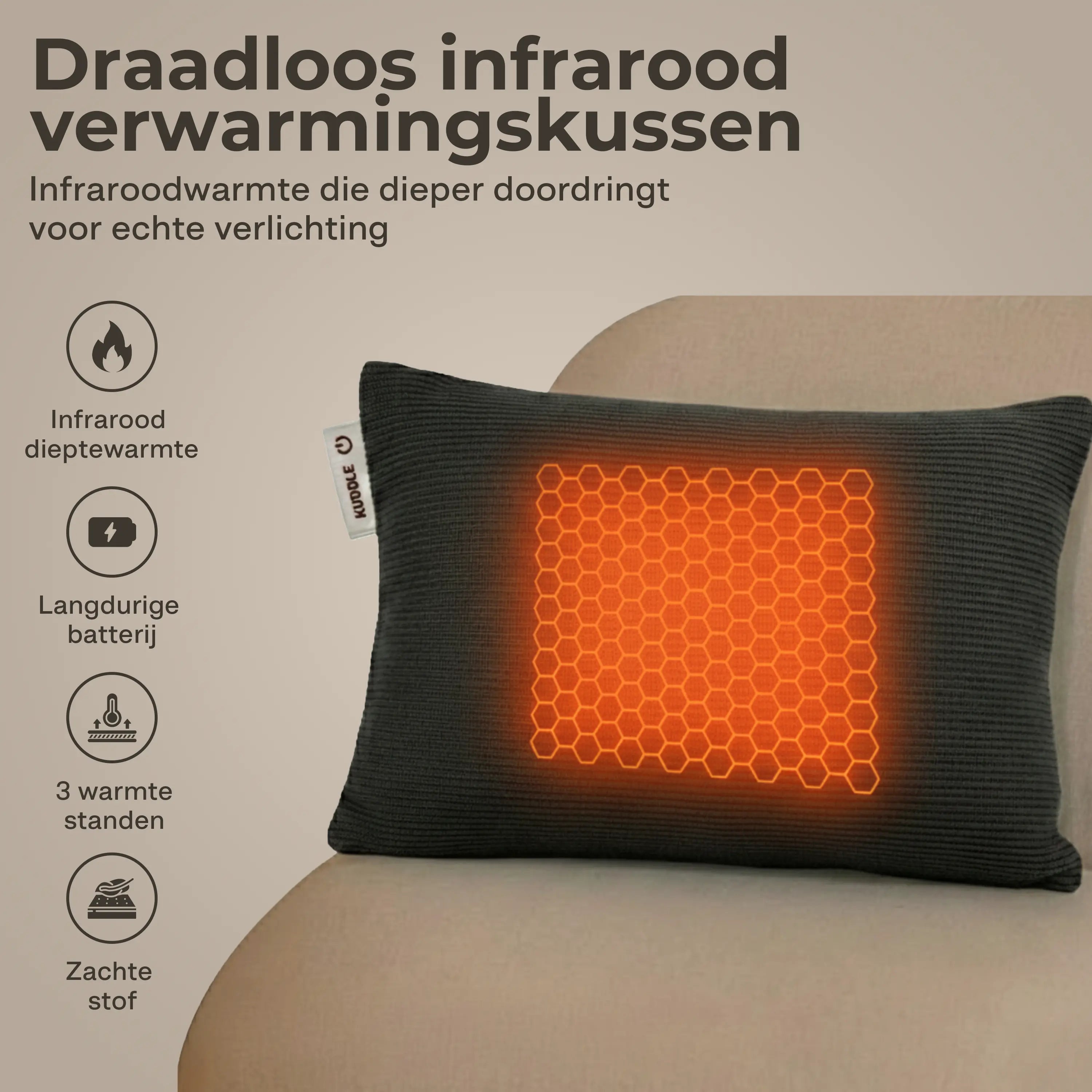 Kuddle Warmtekussen - 45x60cm Cozy Grey - Vaste batterij Kuddle | Draadloze Warmtekussens