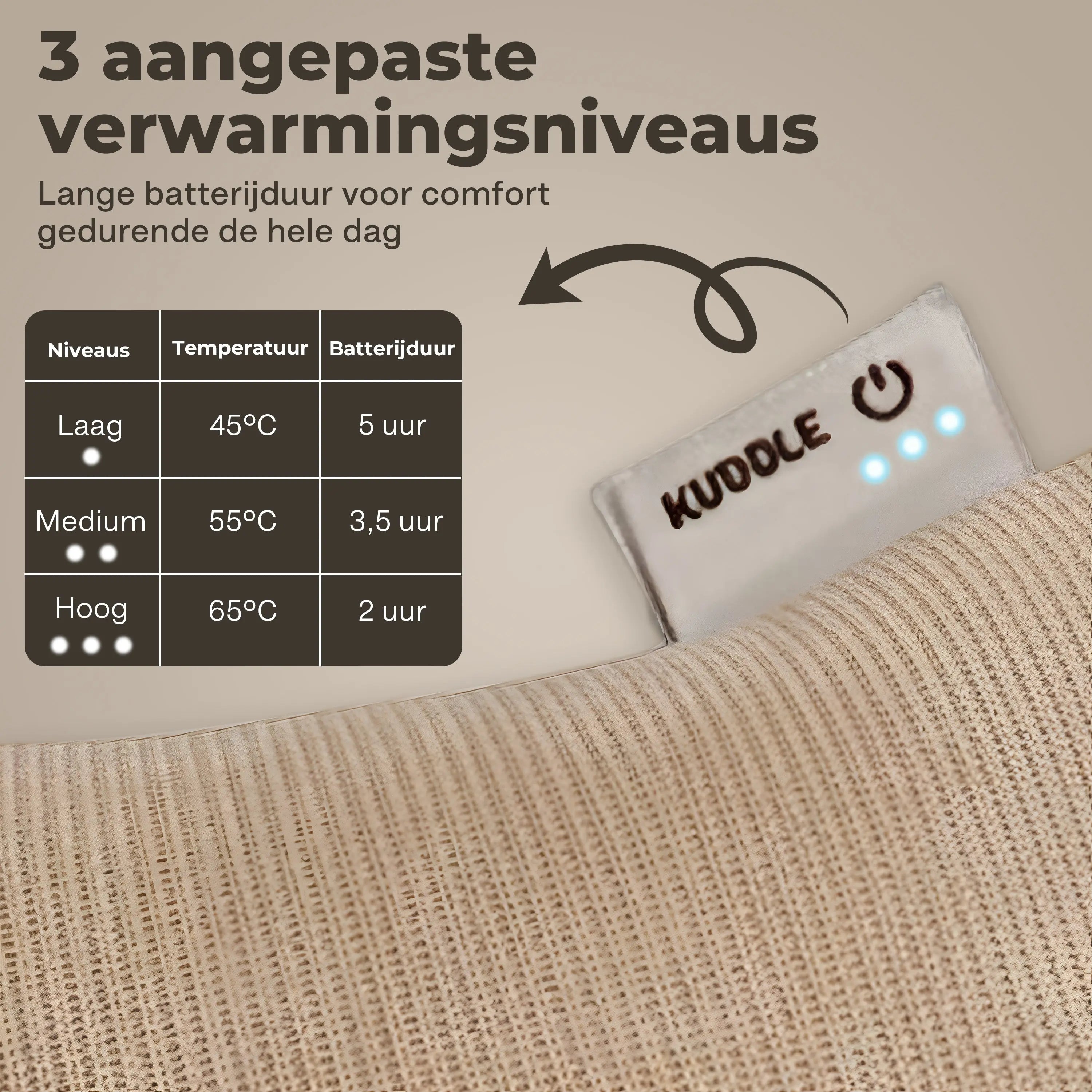 Kuddle Warmtekussen - 45x60cm Sand Beige - Vaste batterij Kuddle | Draadloze Warmtekussens