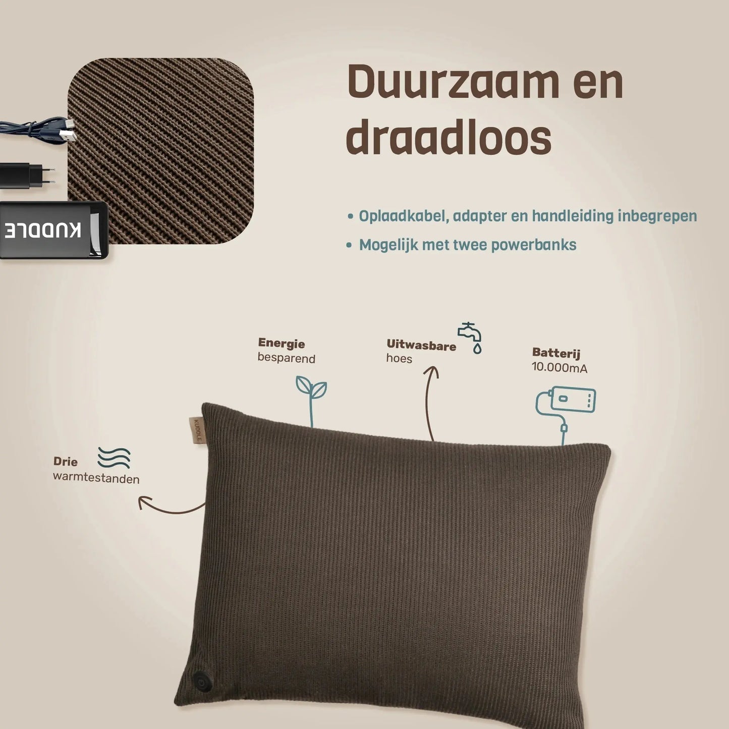 Kuddle warmtekussen mocha brown 45x60 duurzaam en draadloos